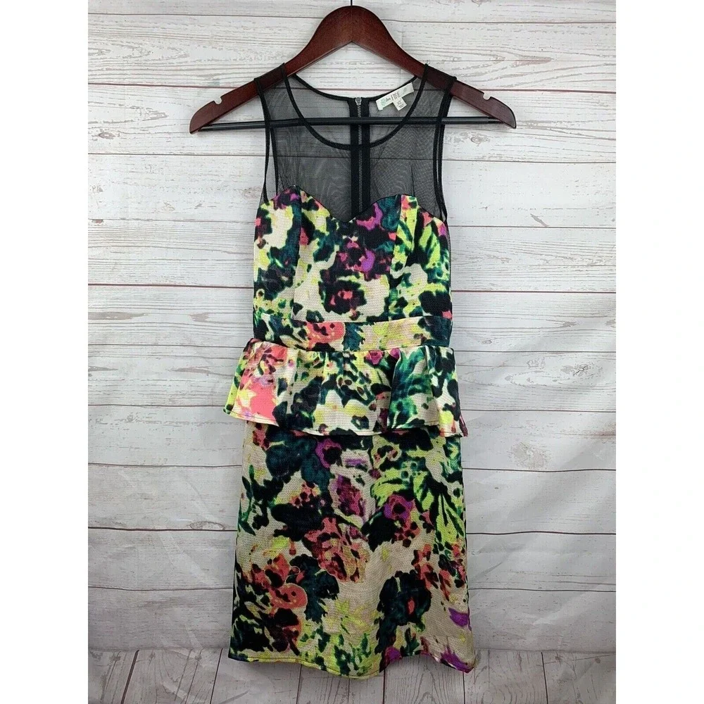 Love Fire Peplum Dress Womens‎ XS Multi Color Abstract Floral Mesh Yoke Mini